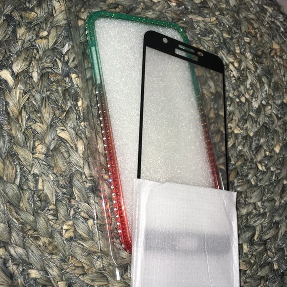 2pc Samsung Galaxy J7 2018/J7 Star/J7 Top Quicksand Glitter Case W/ Glass Screen - Picture 4 of 11